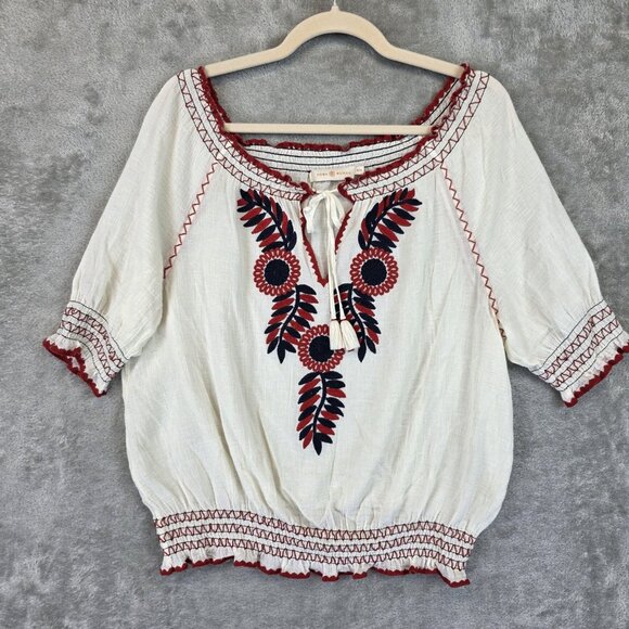 Tory Burch Shirt Womens Medium Cream Red Black Embroidered Boho Peasant Tassel - Picture 1 of 9